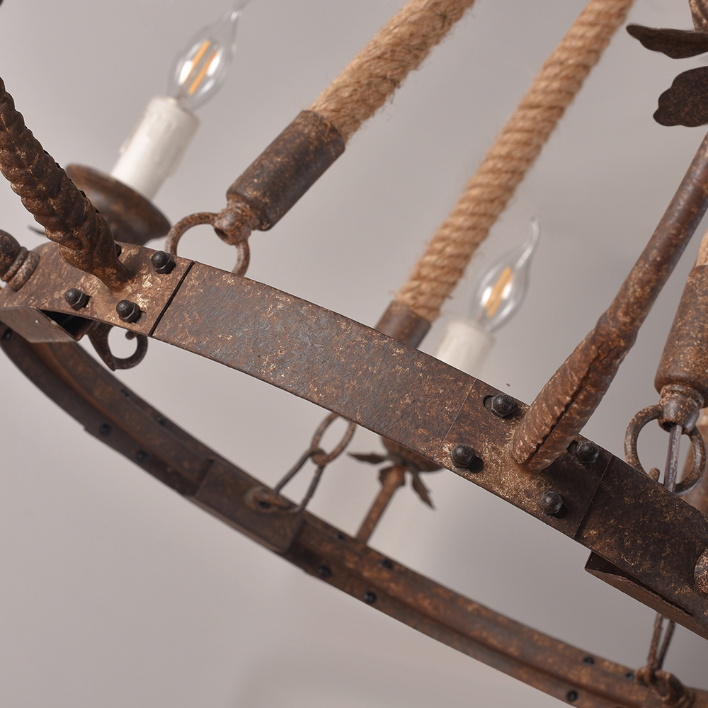 HMR - Candlely Hemp Rope and Metal 8-Light Round Chandelier in Rust