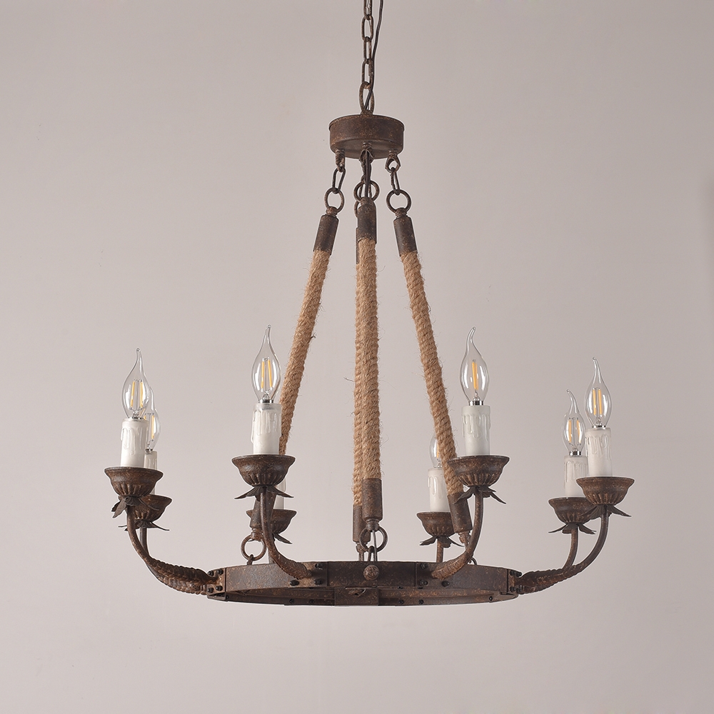 HMR - Candlely Hemp Rope and Metal 8-Light Round Chandelier in Rust