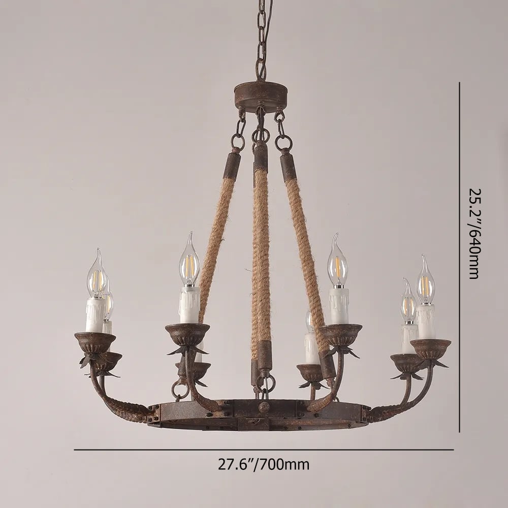 HMR - Candlely Hemp Rope and Metal 8-Light Round Chandelier in Rust