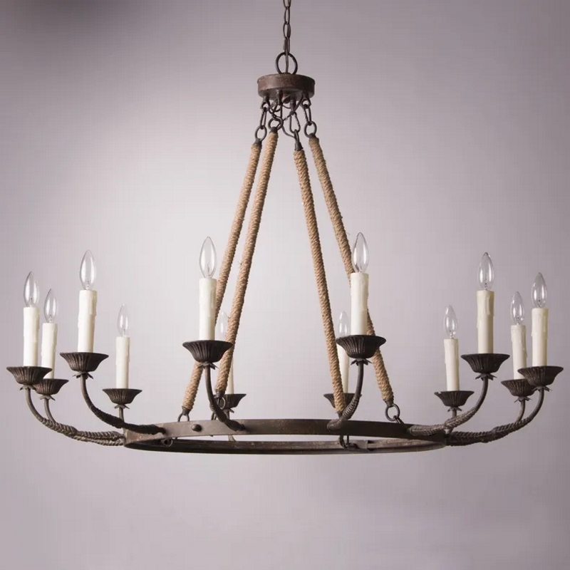 HMR - Candlely 12-Light Wagon Wheel Chandelier with Flaxen Hemp Rope in Rust