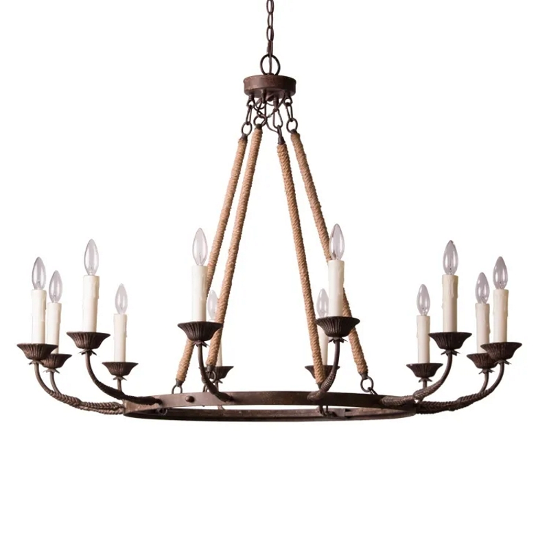 HMR - Candlely 12-Light Wagon Wheel Chandelier with Flaxen Hemp Rope in Rust