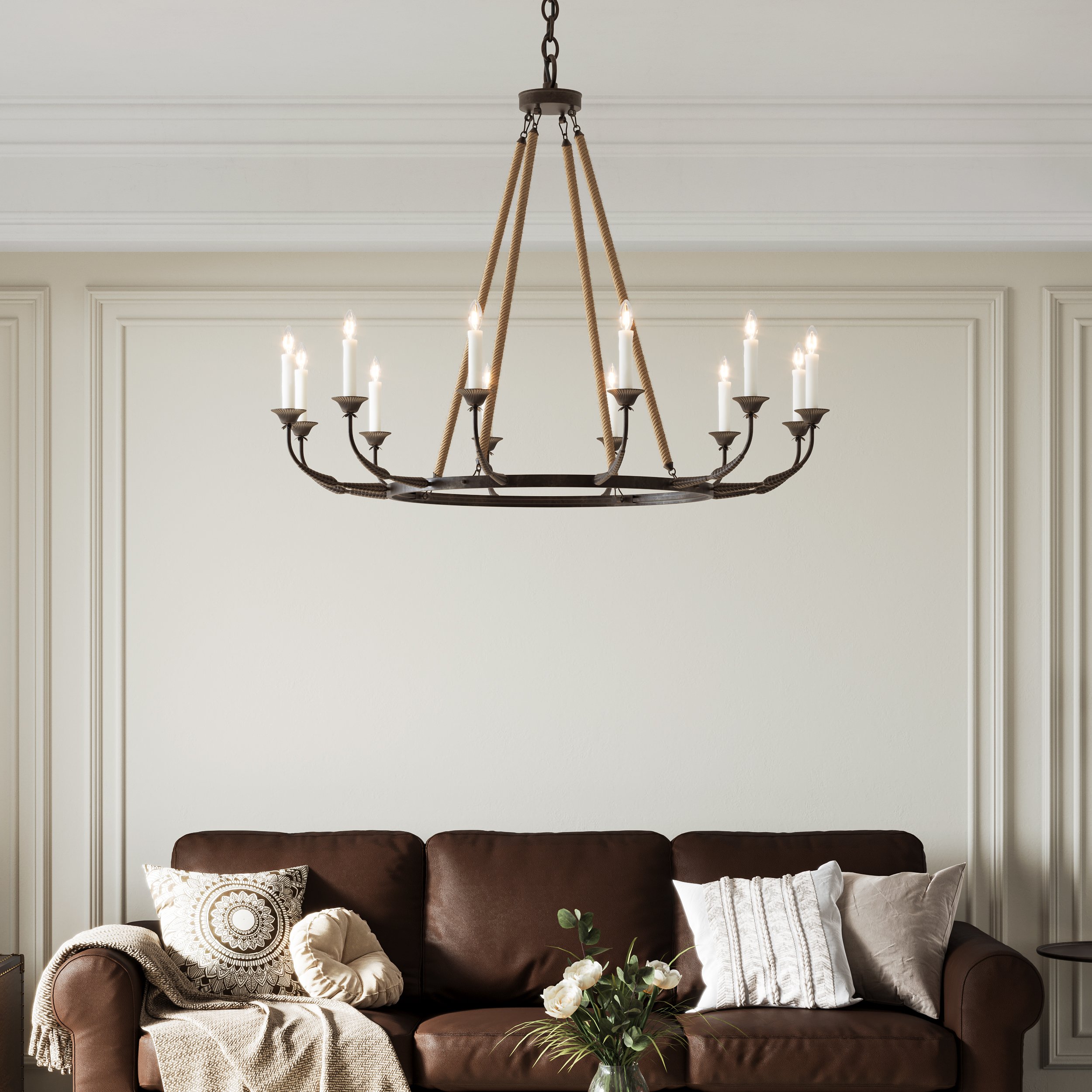 HMR - Candlely 12-Light Wagon Wheel Chandelier with Flaxen Hemp Rope in Rust