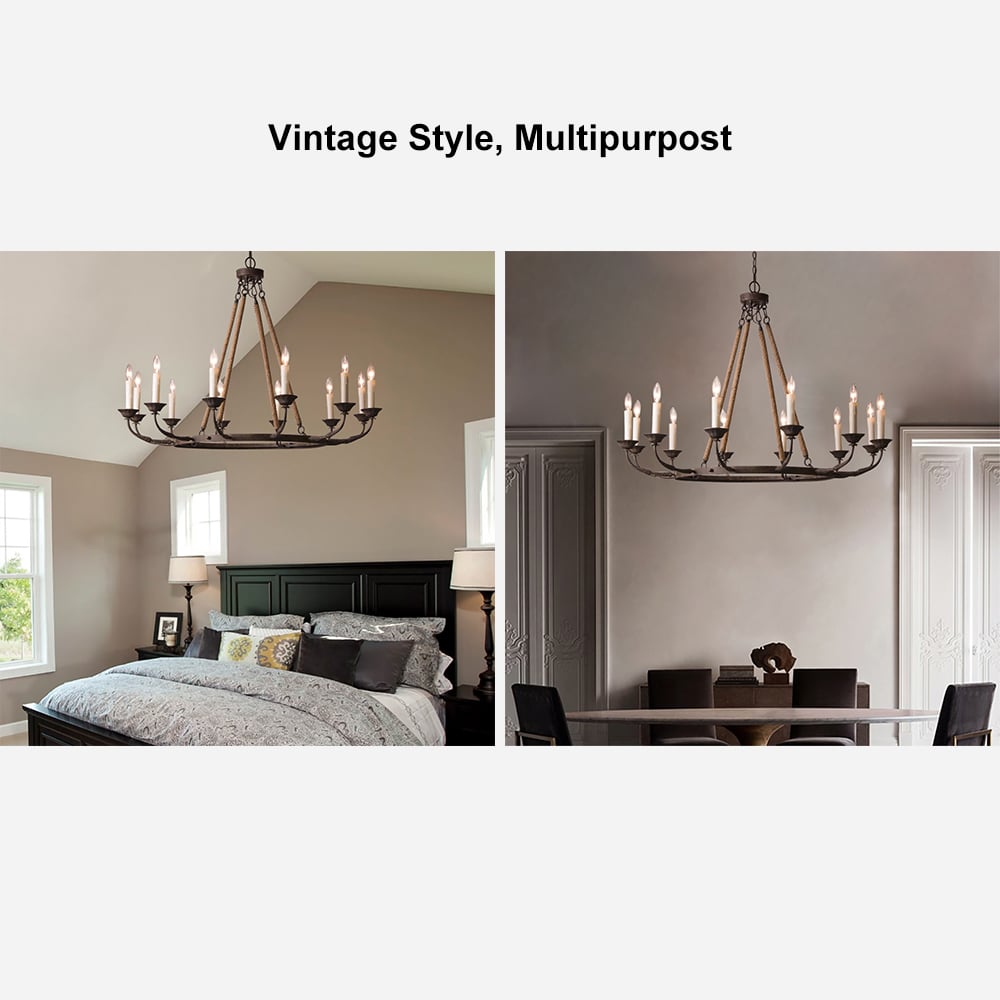 HMR - Candlely 12-Light Wagon Wheel Chandelier with Flaxen Hemp Rope in Rust