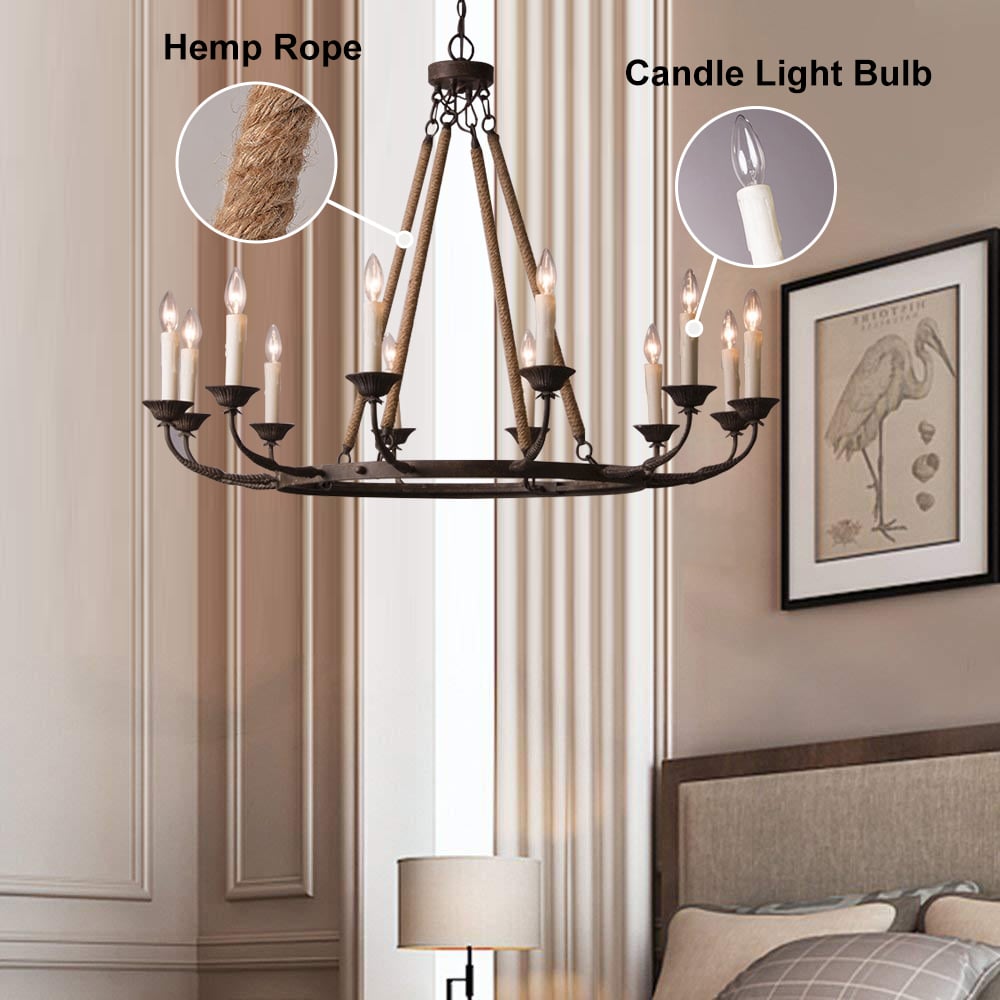 HMR - Candlely 12-Light Wagon Wheel Chandelier with Flaxen Hemp Rope in Rust