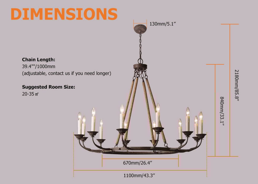 HMR - Candlely 12-Light Wagon Wheel Chandelier with Flaxen Hemp Rope in Rust