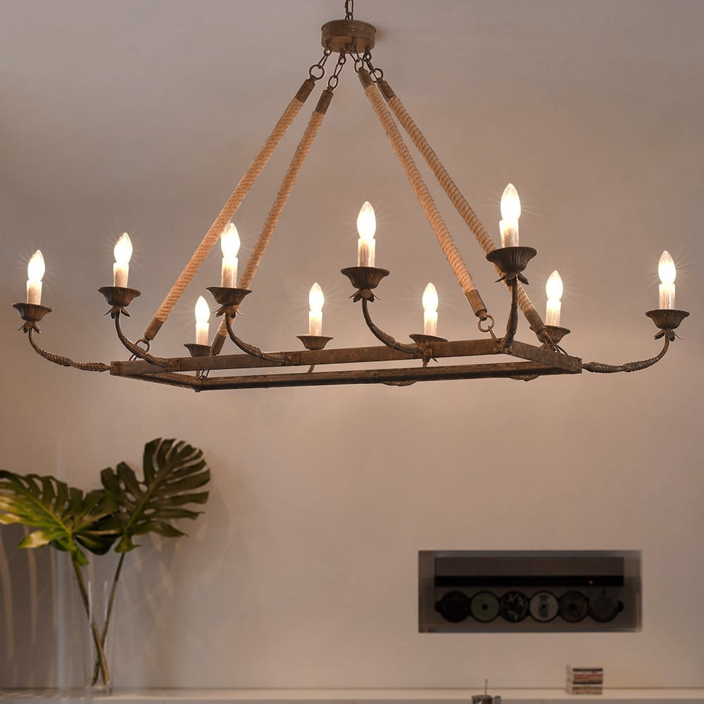 HMR - Candlely 10-Light Rectangular Linear Chandelier with Hemp Rope in Rust