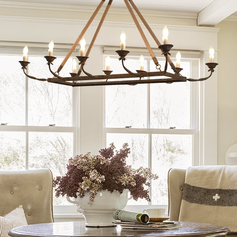 HMR - Candlely 10-Light Rectangular Linear Chandelier with Hemp Rope in Rust