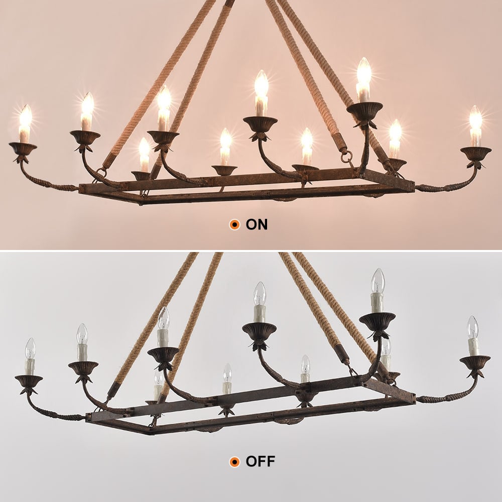 HMR - Candlely 10-Light Rectangular Linear Chandelier with Hemp Rope in Rust