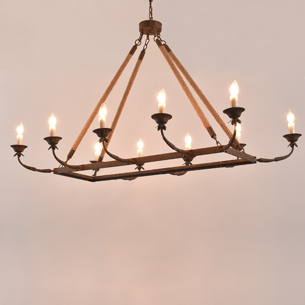 HMR - Candlely 10-Light Rectangular Linear Chandelier with Hemp Rope in Rust