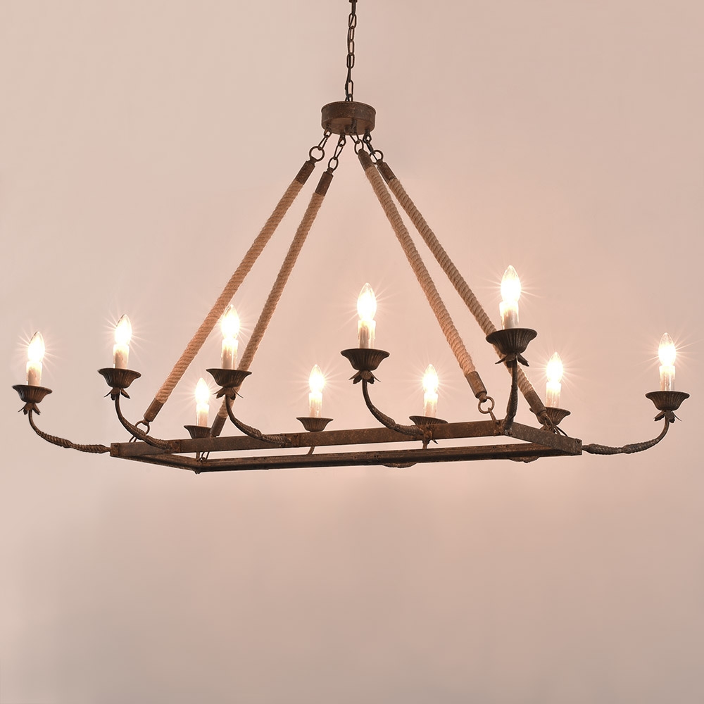 HMR - Candlely 10-Light Rectangular Linear Chandelier with Hemp Rope in Rust