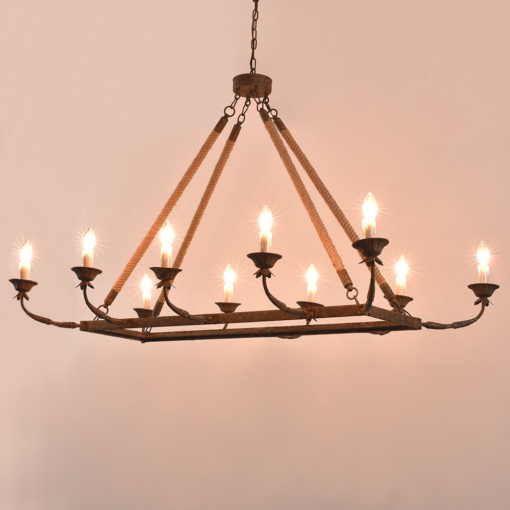 HMR - Candlely 10-Light Rectangular Linear Chandelier with Hemp Rope in Rust