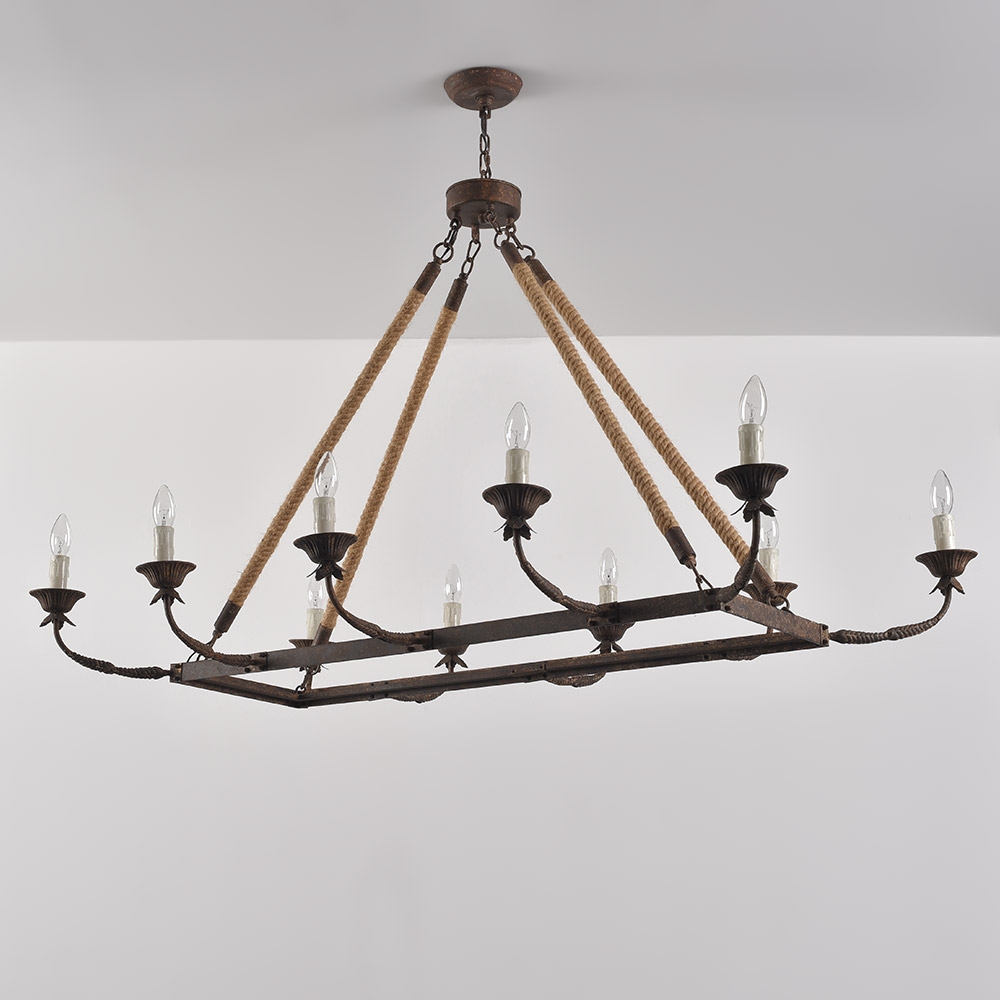 HMR - Candlely 10-Light Rectangular Linear Chandelier with Hemp Rope in Rust
