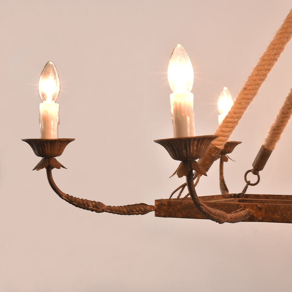 HMR - Candlely 10-Light Rectangular Linear Chandelier with Hemp Rope in Rust