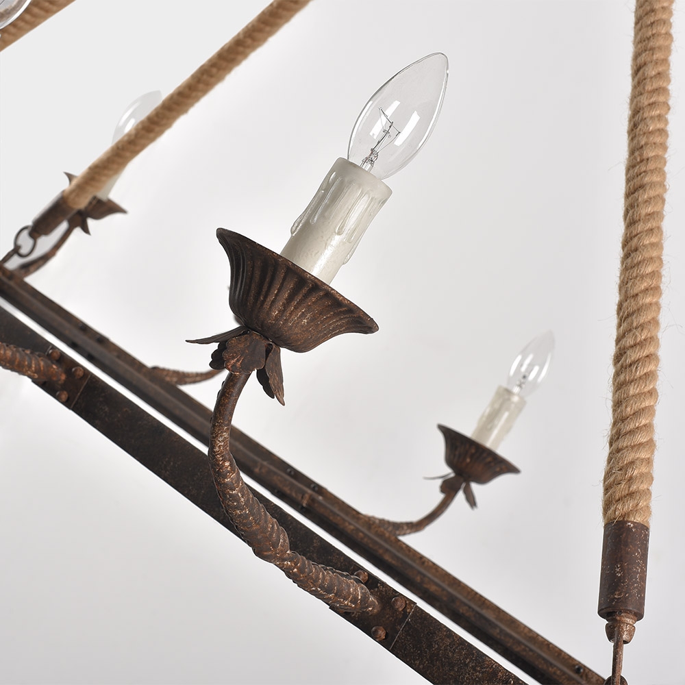 HMR - Candlely 10-Light Rectangular Linear Chandelier with Hemp Rope in Rust