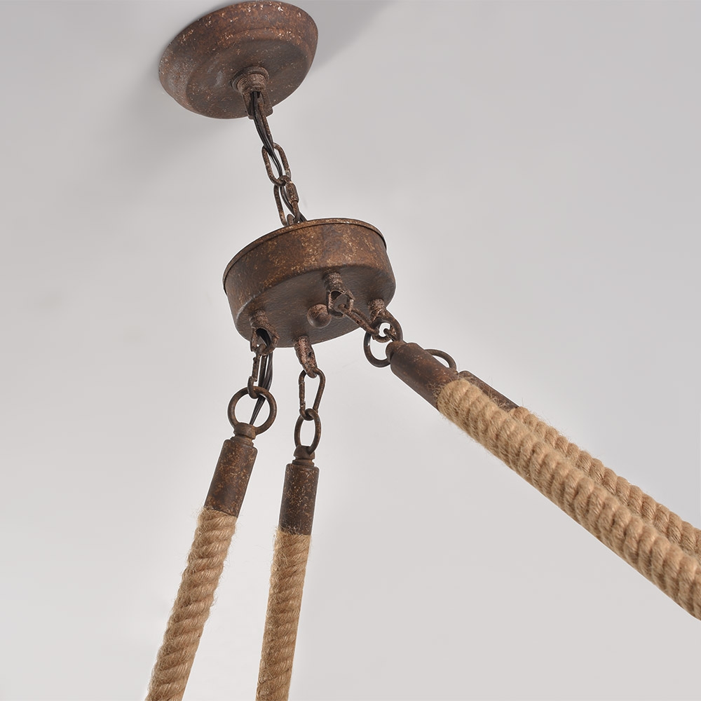 HMR - Candlely 10-Light Rectangular Linear Chandelier with Hemp Rope in Rust