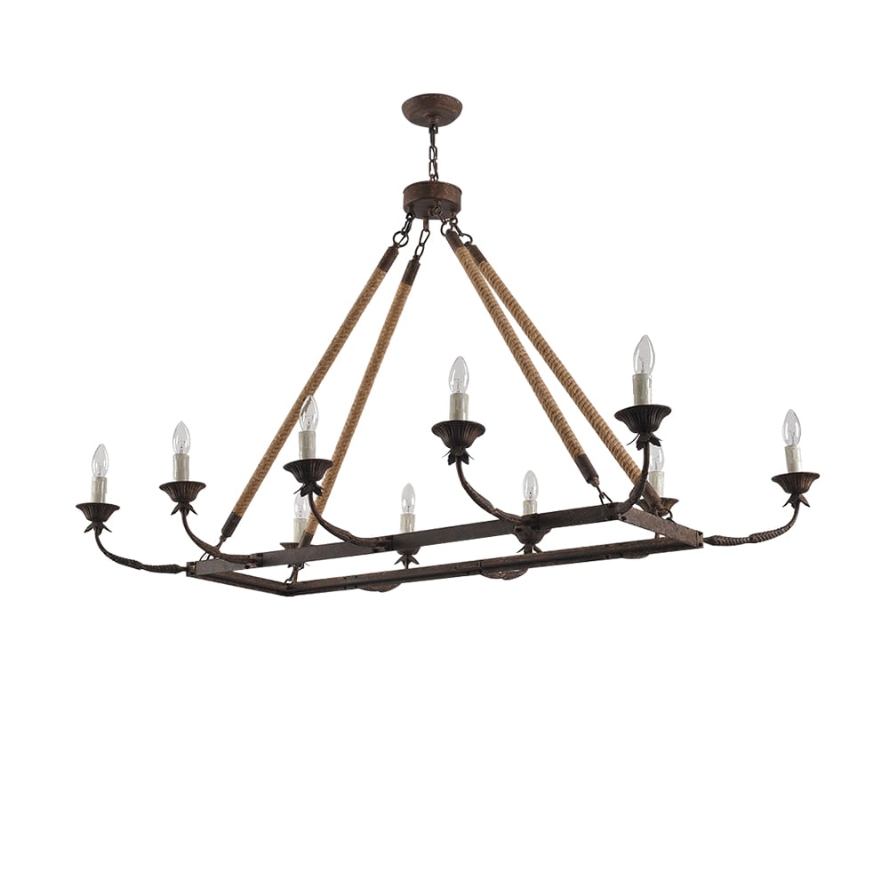 HMR - Candlely 10-Light Rectangular Linear Chandelier with Hemp Rope in Rust