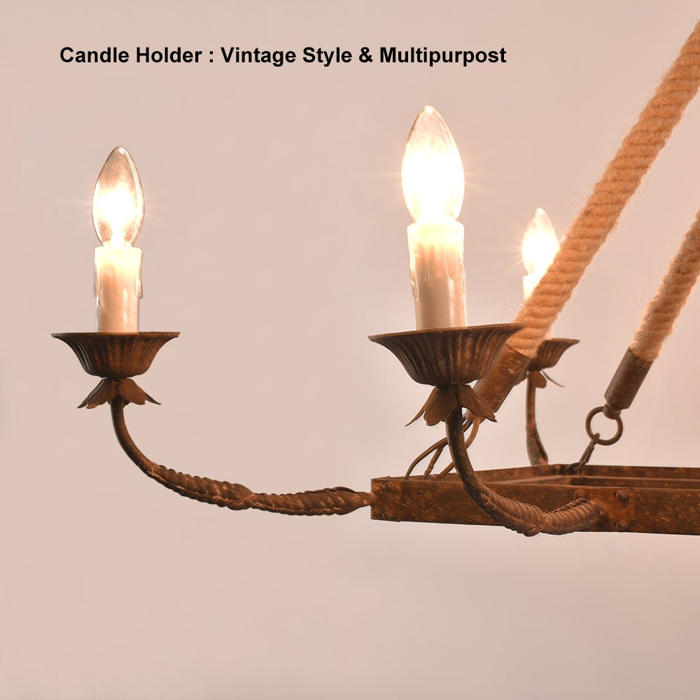 HMR - Candlely 10-Light Rectangular Linear Chandelier with Hemp Rope in Rust