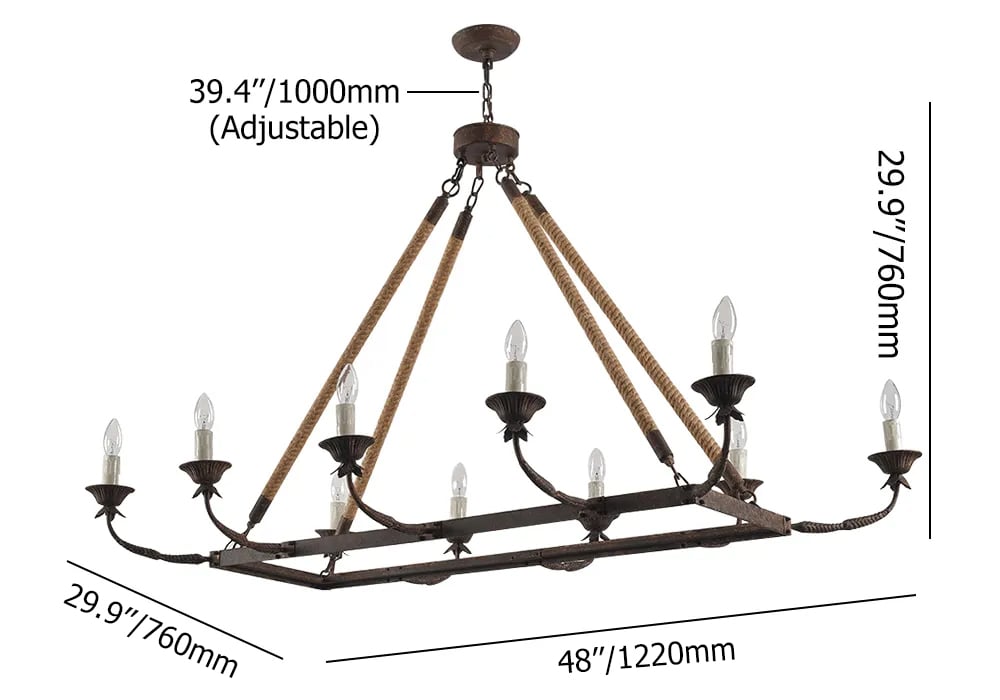 HMR - Candlely 10-Light Rectangular Linear Chandelier with Hemp Rope in Rust