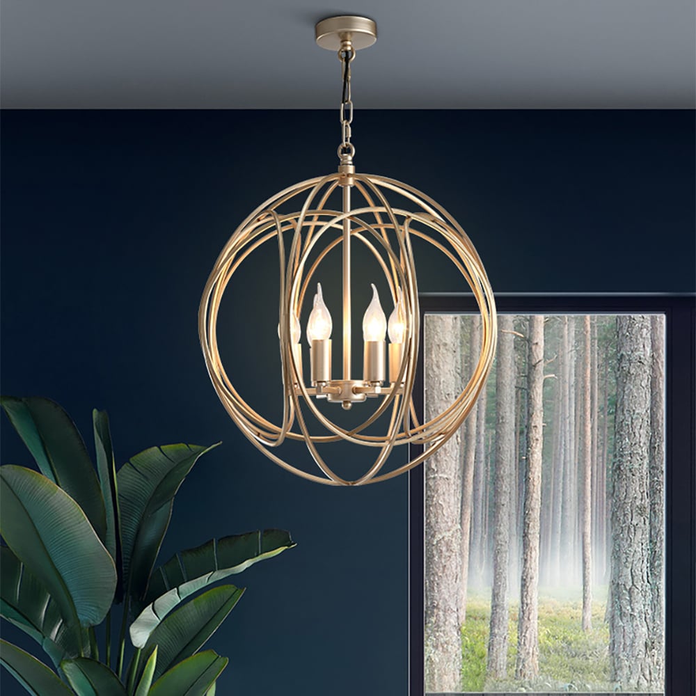 HMR - Modern 4-Light Iron Suspended Geometric Chandelier in Gold