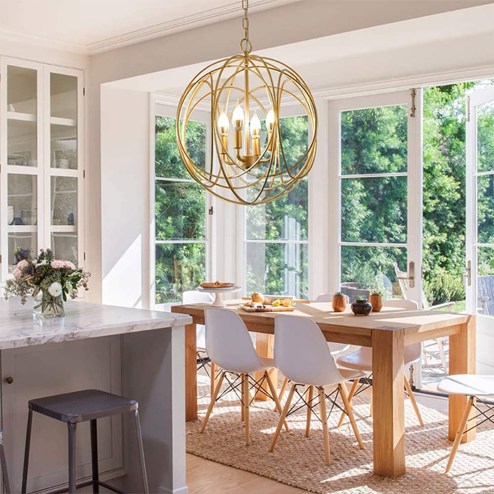 HMR - Modern 4-Light Iron Suspended Geometric Chandelier in Gold