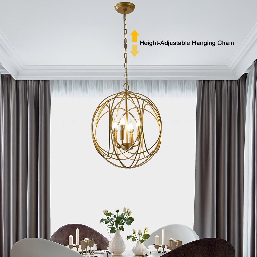HMR - Modern 4-Light Iron Suspended Geometric Chandelier in Gold