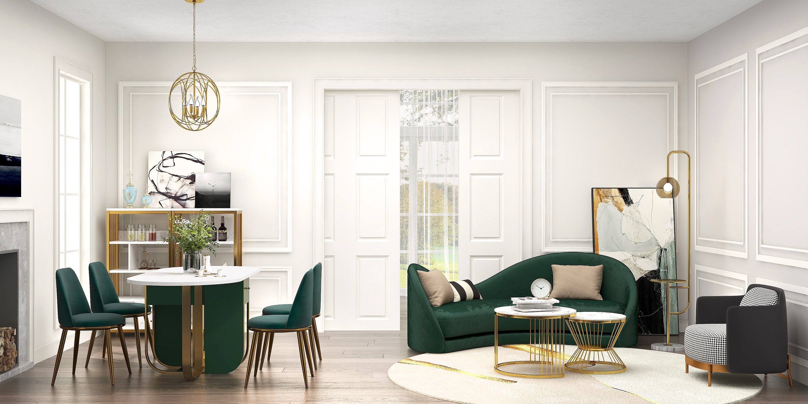 HMR - Modern 4-Light Iron Suspended Geometric Chandelier in Gold