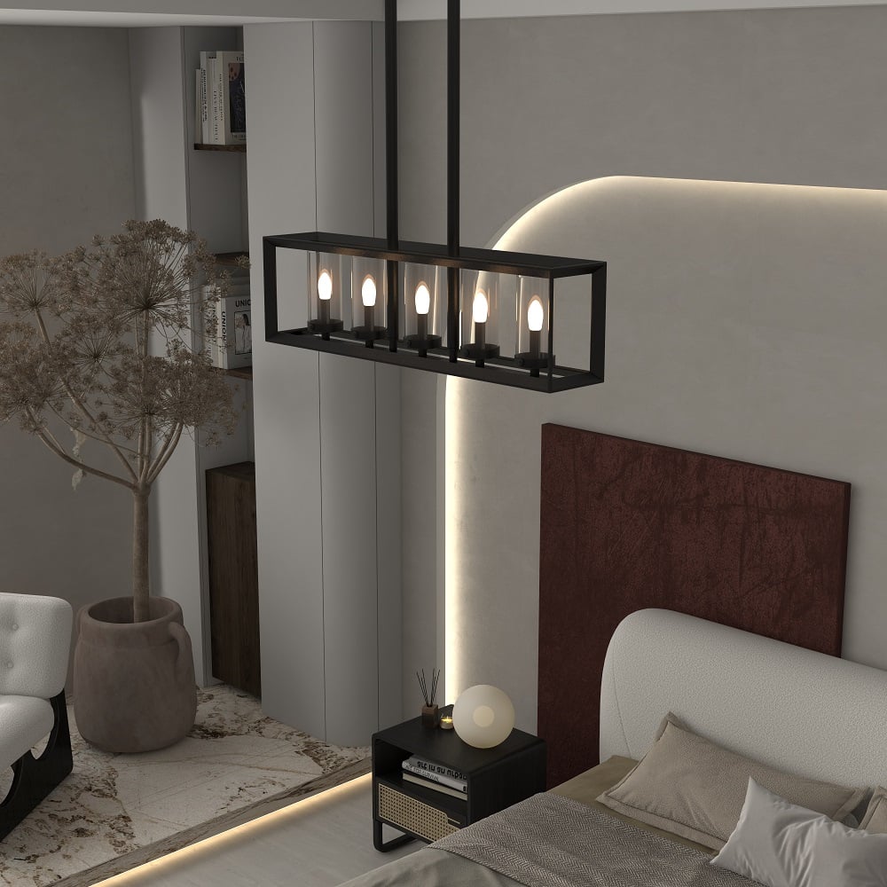 HMR - Metal Frame 5-Light Kitchen Island Linear Pendant Light in Black