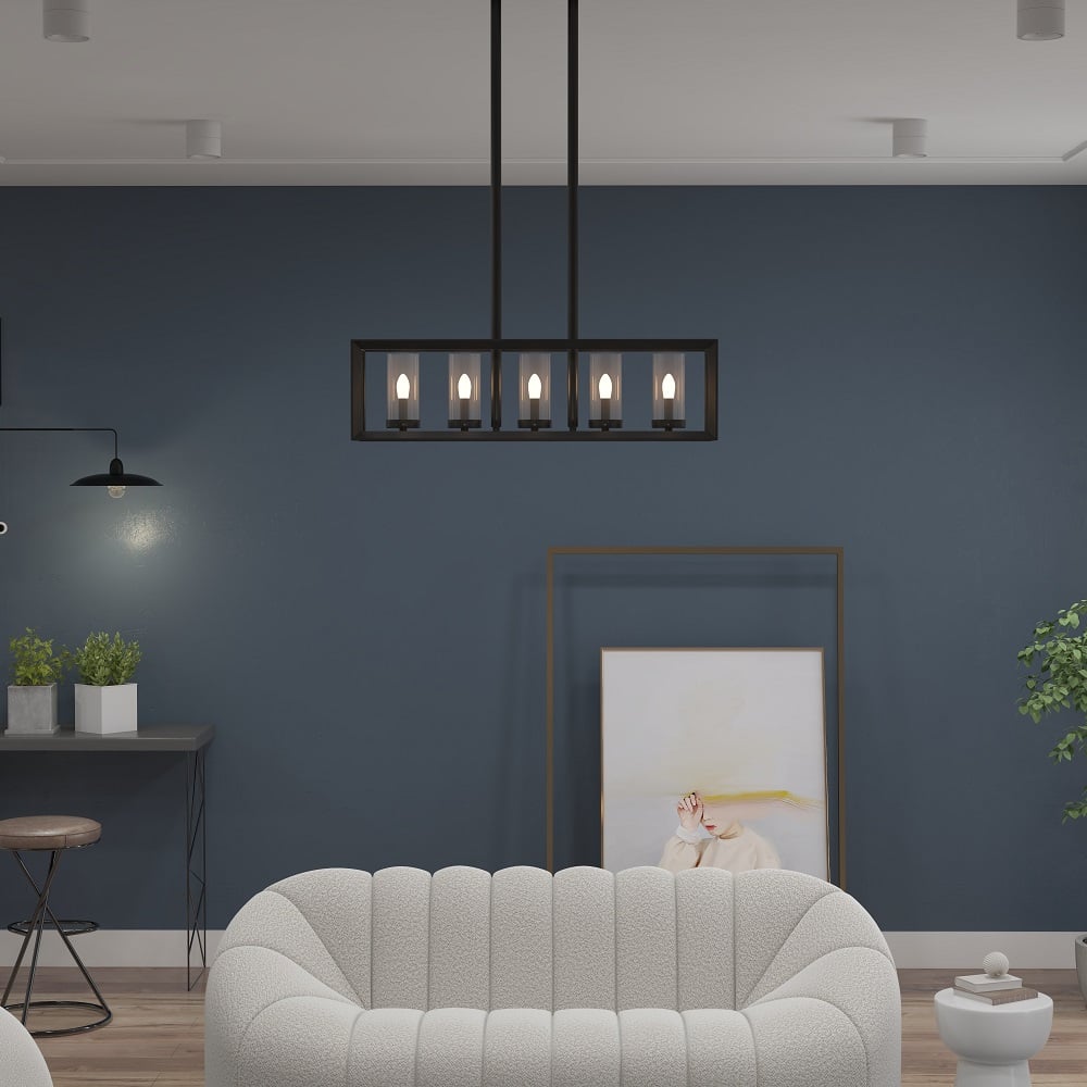 HMR - Metal Frame 5-Light Kitchen Island Linear Pendant Light in Black