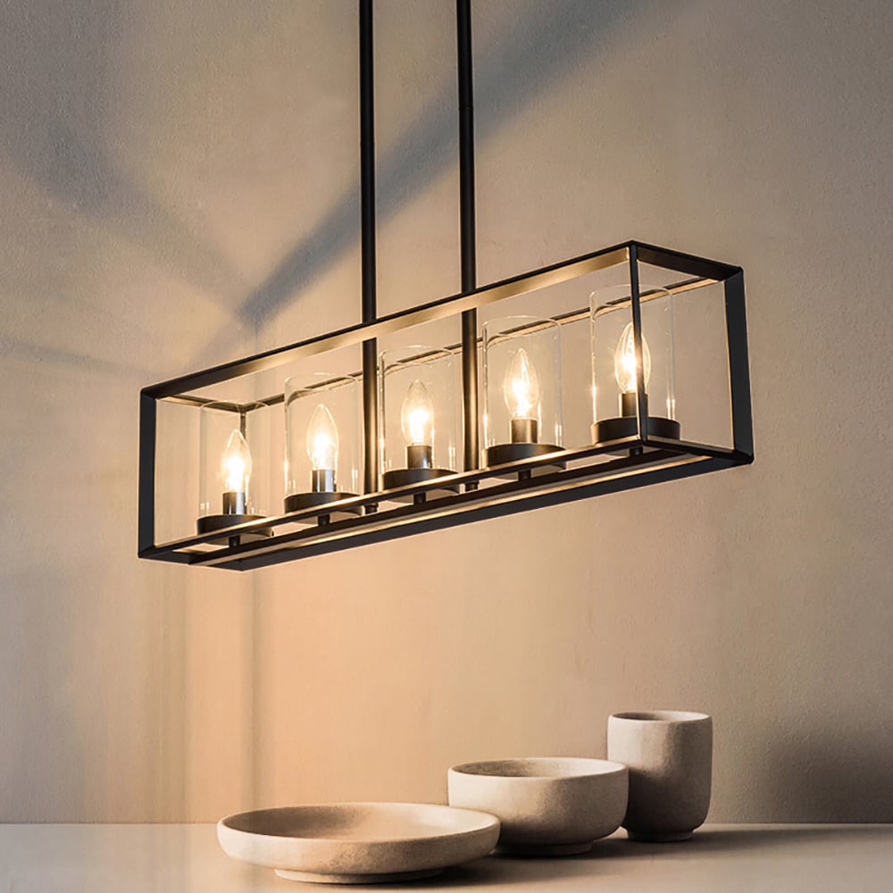 HMR - Metal Frame 5-Light Kitchen Island Linear Pendant Light in Black