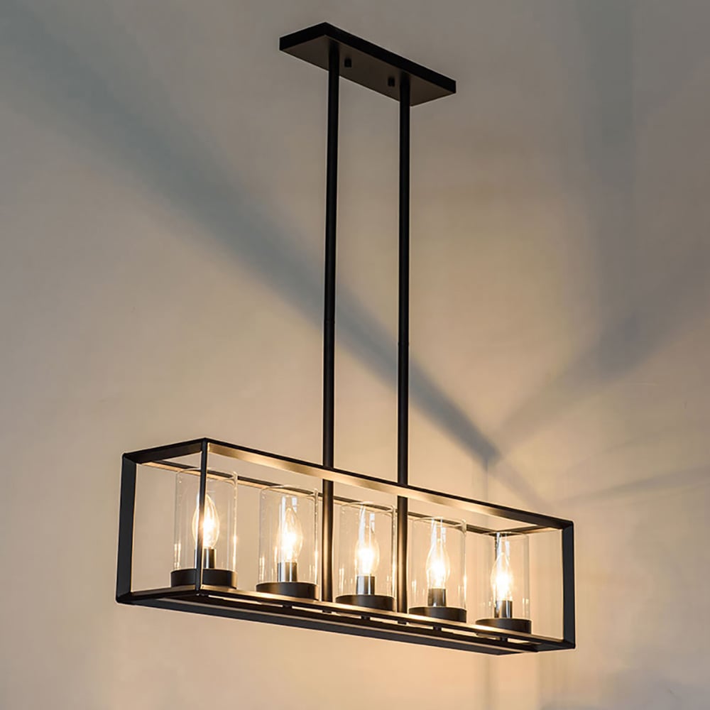 HMR - Metal Frame 5-Light Kitchen Island Linear Pendant Light in Black