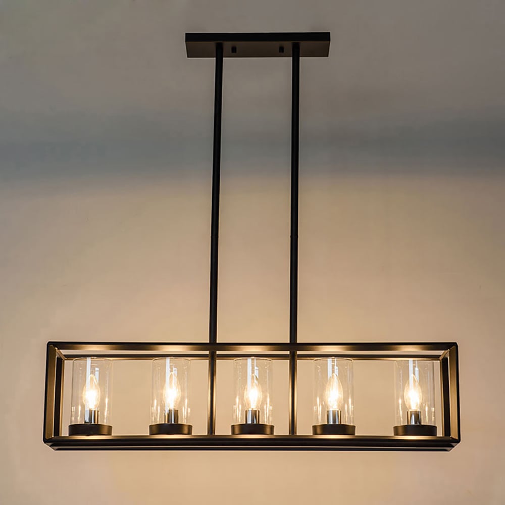 HMR - Metal Frame 5-Light Kitchen Island Linear Pendant Light in Black