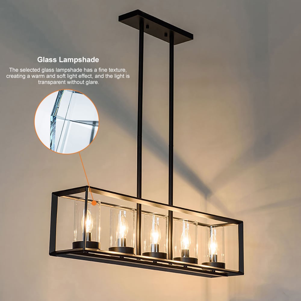 HMR - Metal Frame 5-Light Kitchen Island Linear Pendant Light in Black