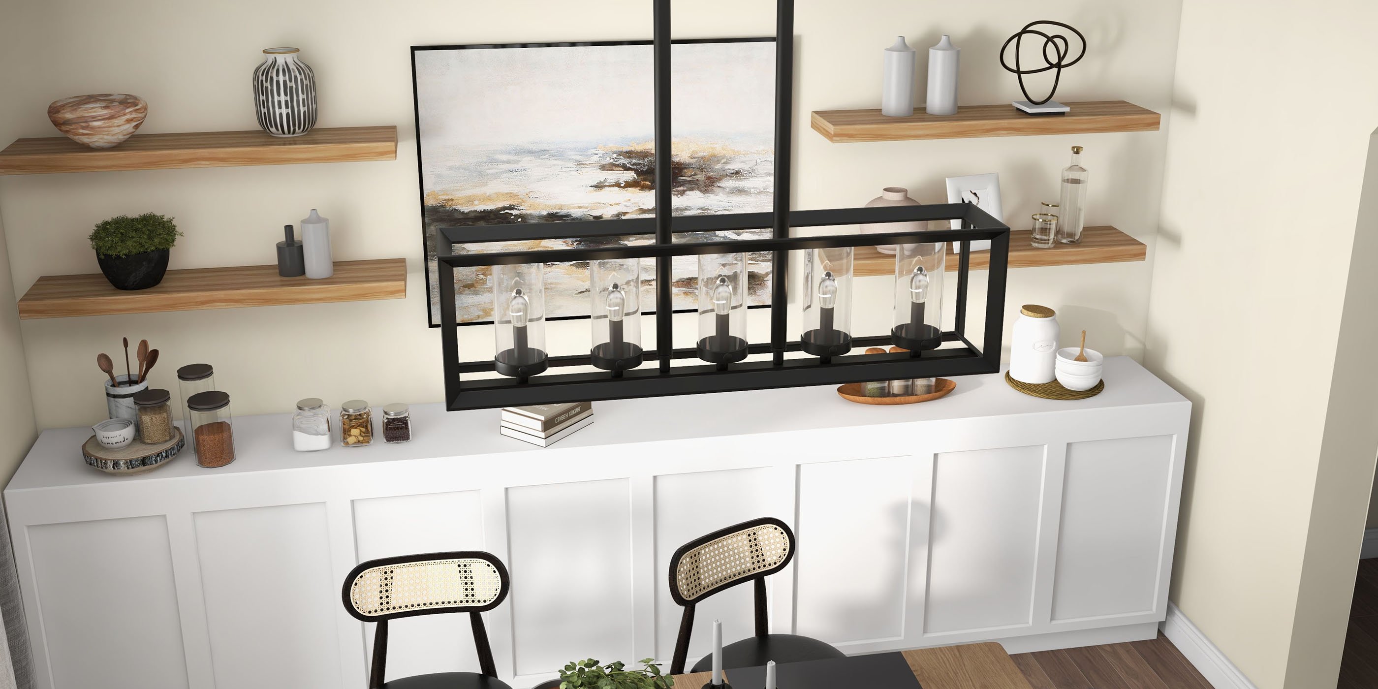 HMR - Metal Frame 5-Light Kitchen Island Linear Pendant Light in Black