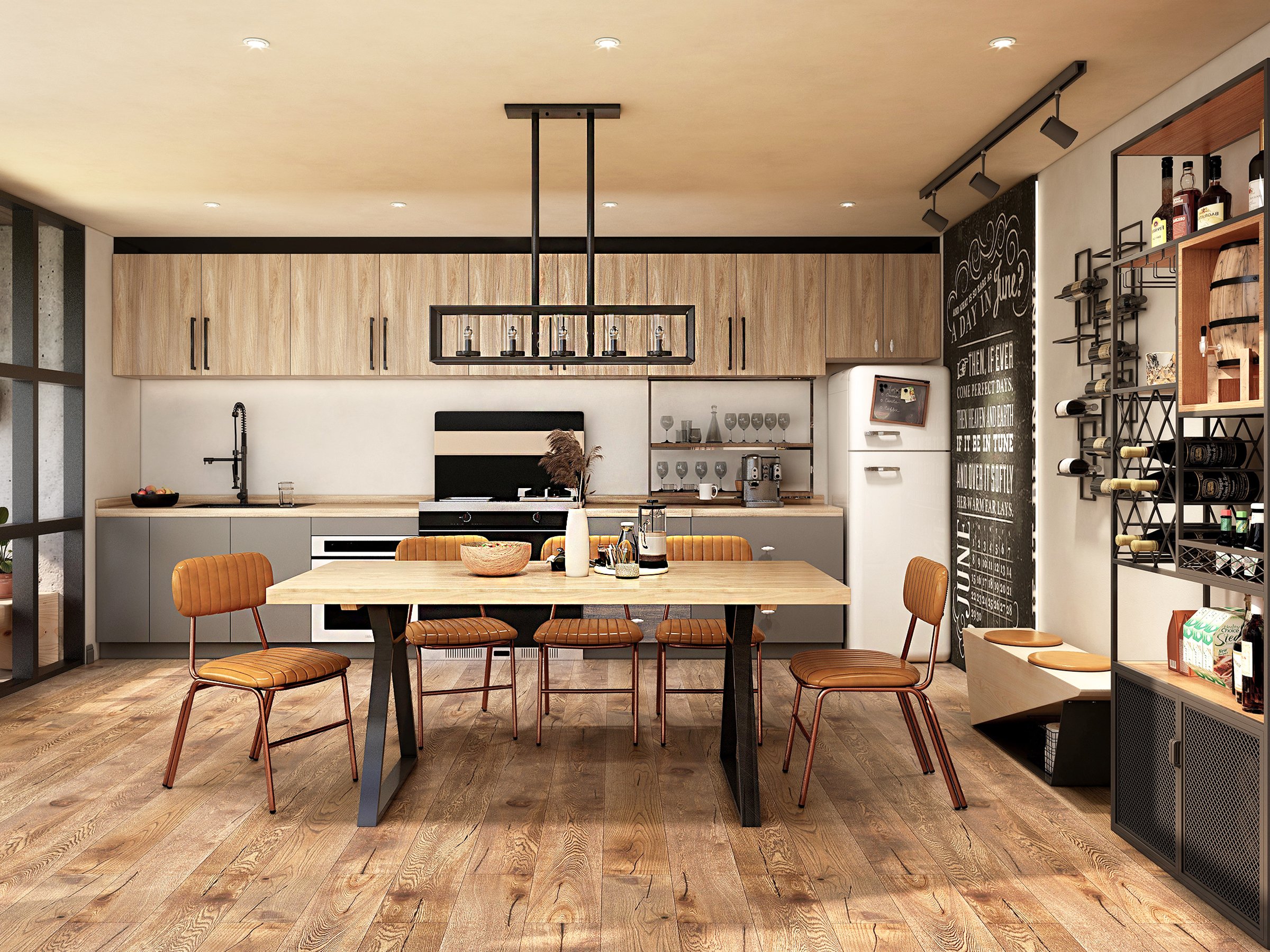 HMR - Metal Frame 5-Light Kitchen Island Linear Pendant Light in Black