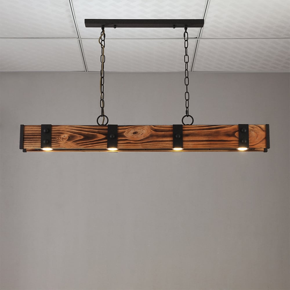 HMR - Rowen Industrial 4-Light LED Linear Rust Wood and Metal Pendant Light in Rust