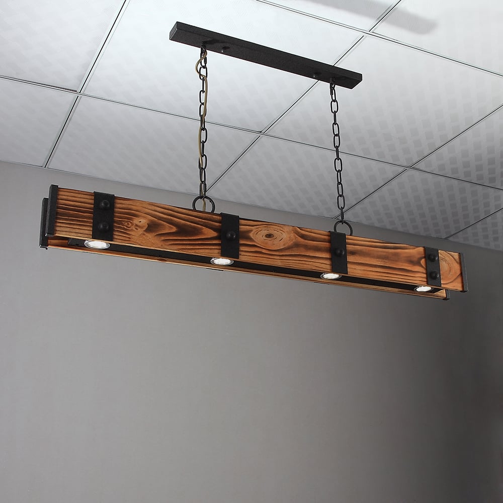 HMR - Rowen Industrial 4-Light LED Linear Rust Wood and Metal Pendant Light in Rust