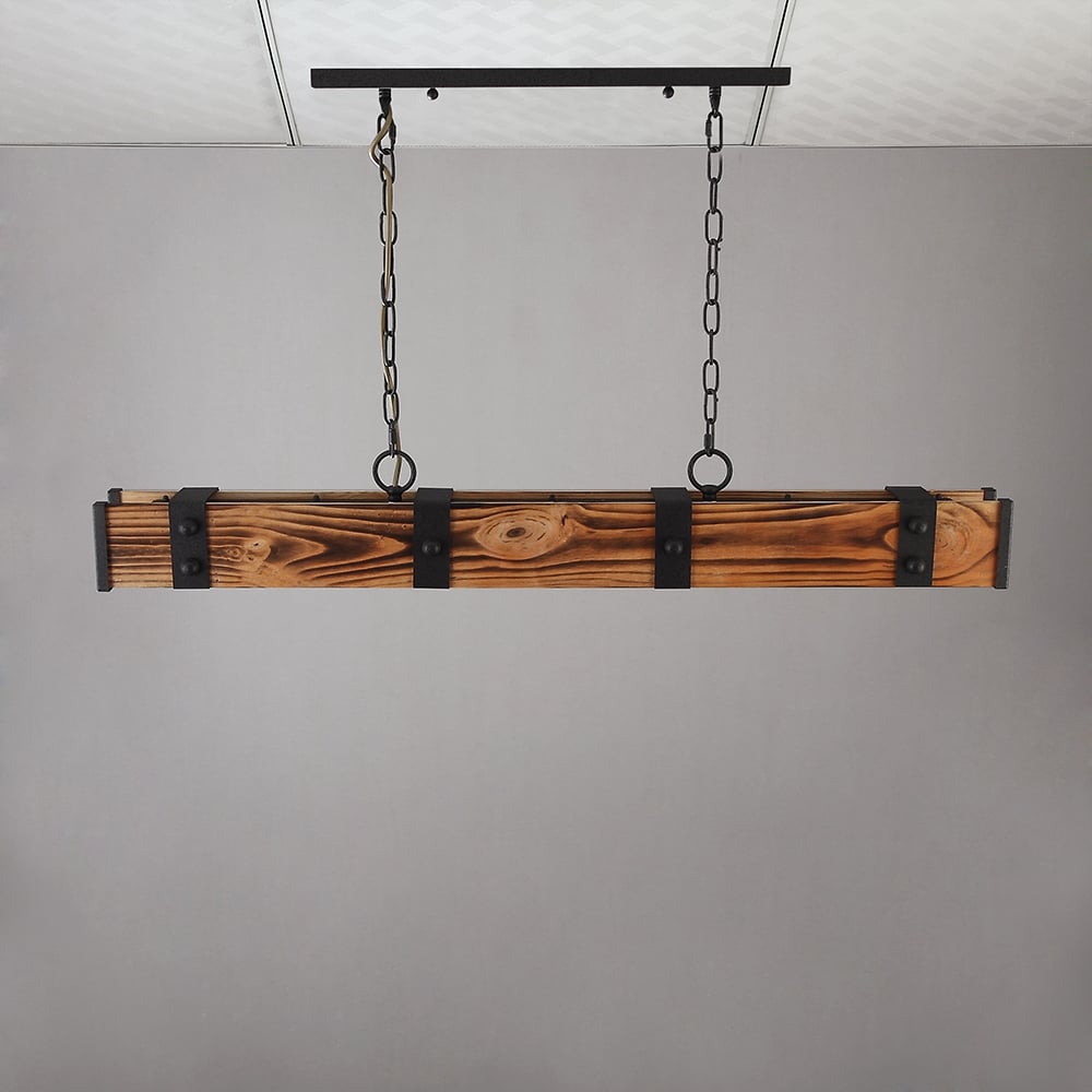 HMR - Rowen Industrial 4-Light LED Linear Rust Wood and Metal Pendant Light in Rust