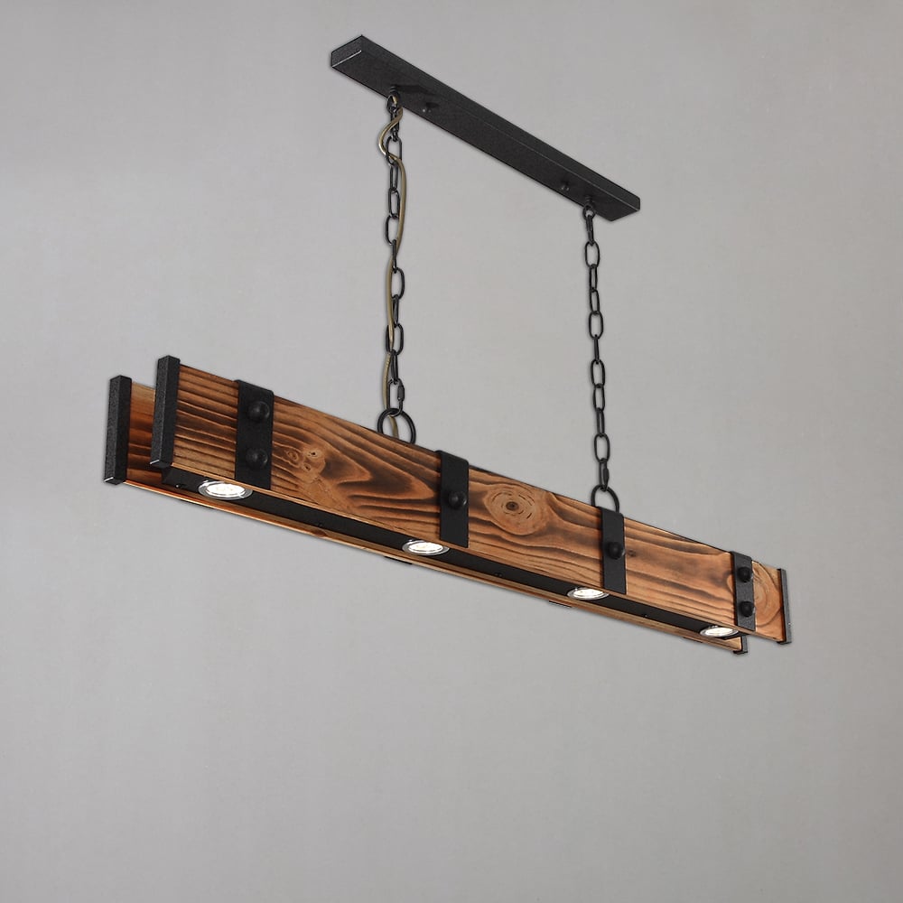 HMR - Rowen Industrial 4-Light LED Linear Rust Wood and Metal Pendant Light in Rust