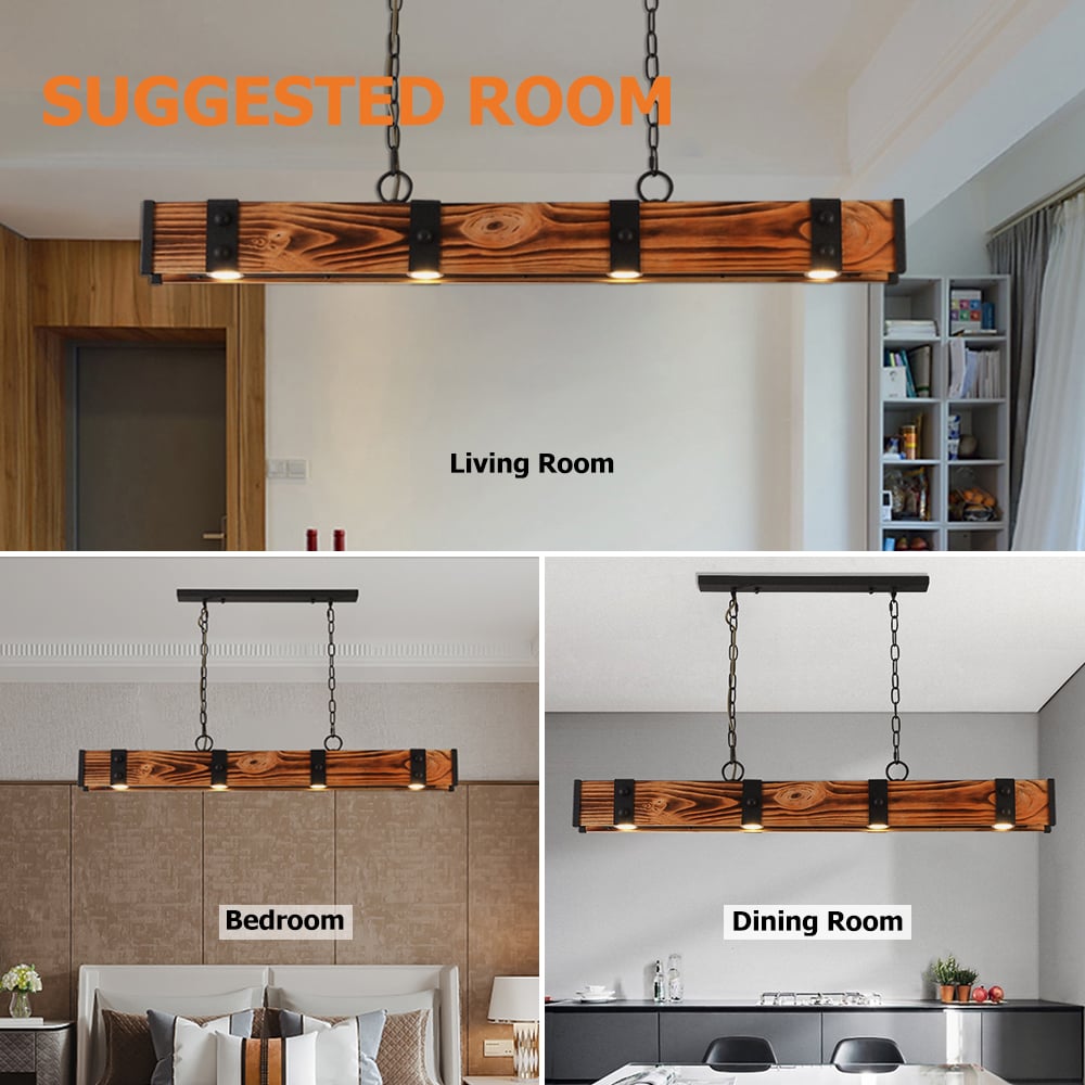 HMR - Rowen Industrial 4-Light LED Linear Rust Wood and Metal Pendant Light in Rust