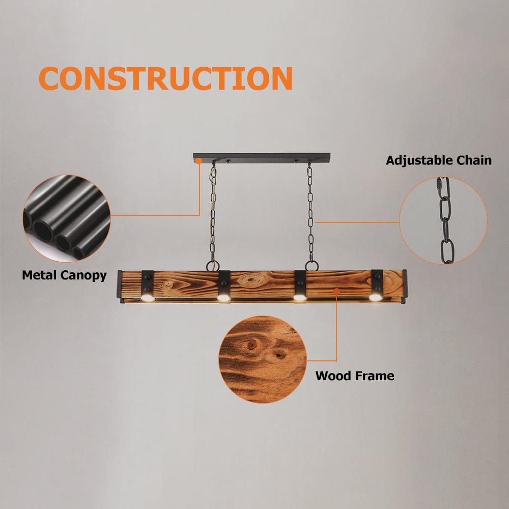 HMR - Rowen Industrial 4-Light LED Linear Rust Wood and Metal Pendant Light in Rust
