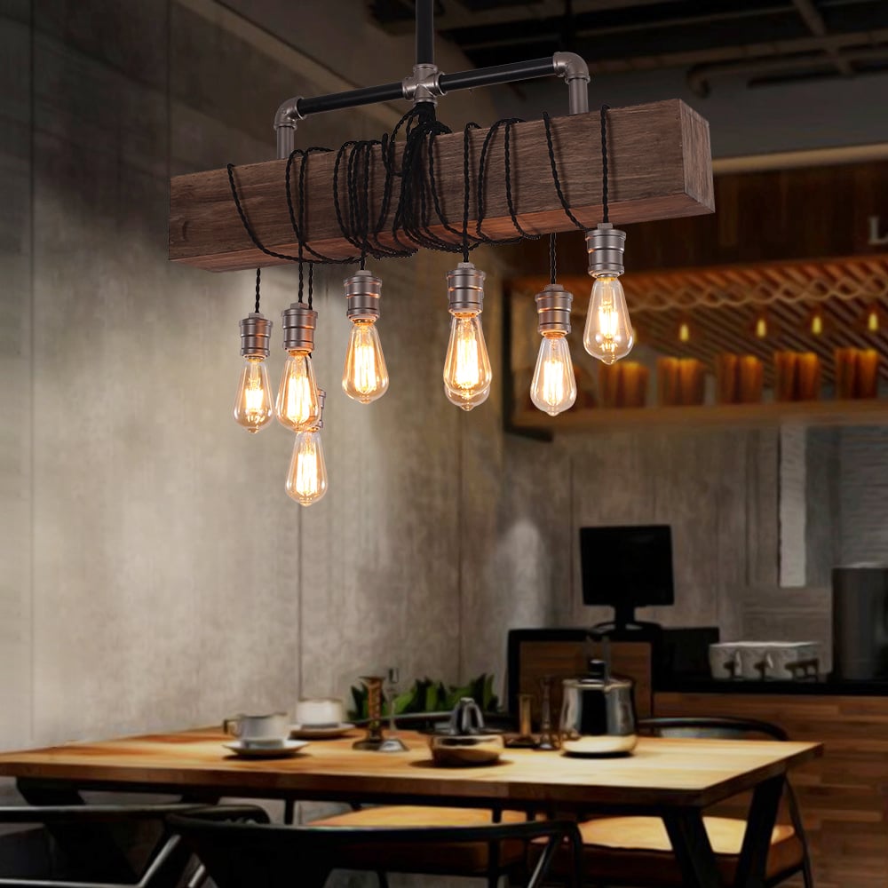 HMR - Industrial Pendant Light with Wood Beam and Plumbing Pipe in 8-Light