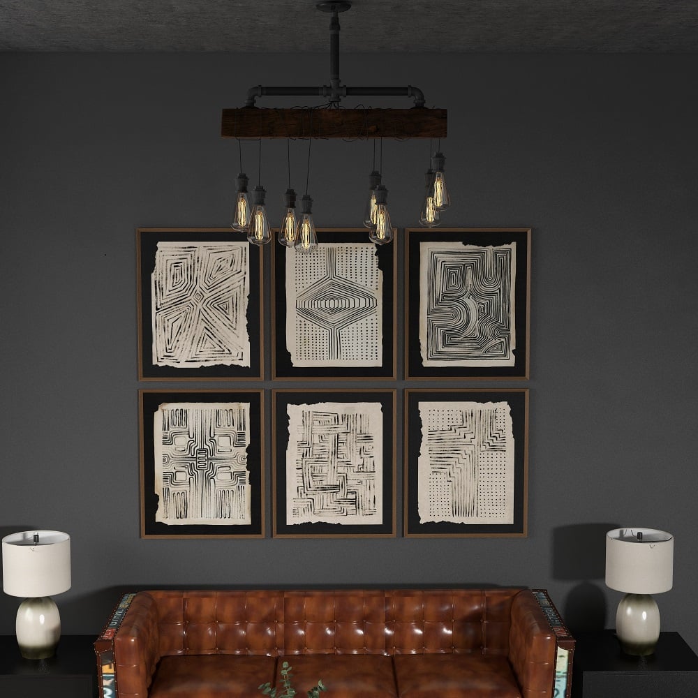 HMR - Industrial Pendant Light with Wood Beam and Plumbing Pipe in 8-Light