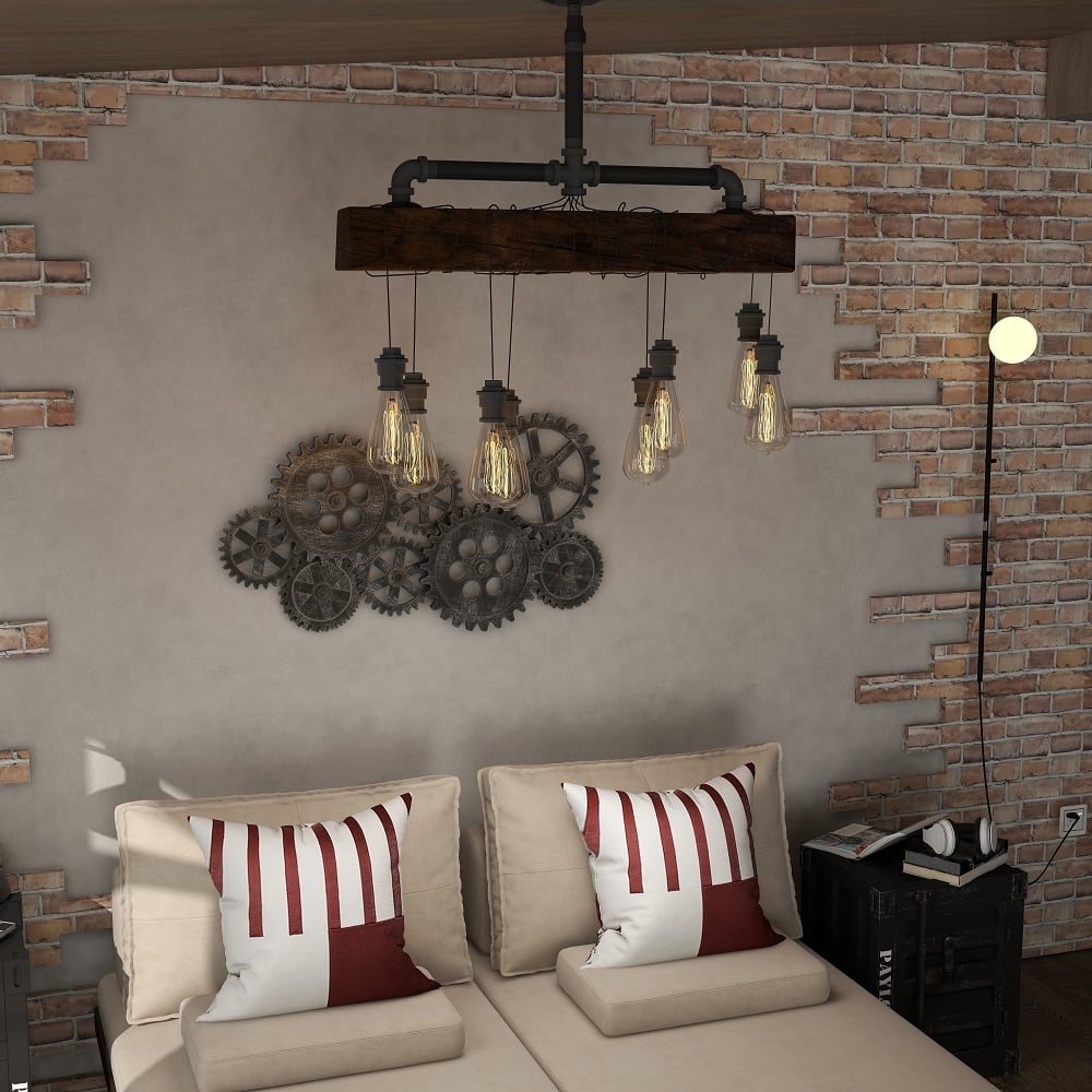 HMR - Industrial Pendant Light with Wood Beam and Plumbing Pipe in 8-Light
