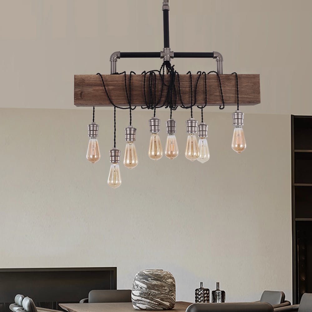 HMR - Industrial Pendant Light with Wood Beam and Plumbing Pipe in 8-Light