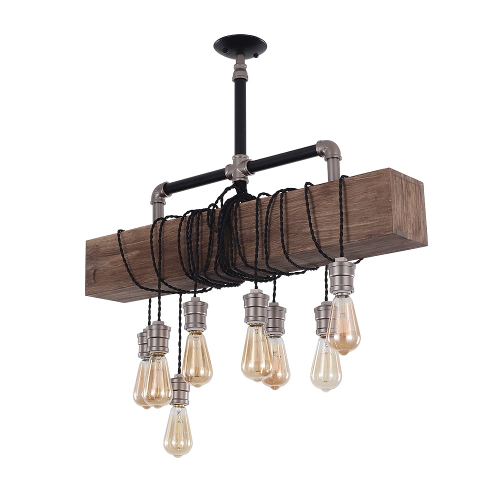 HMR - Industrial Pendant Light with Wood Beam and Plumbing Pipe in 8-Light