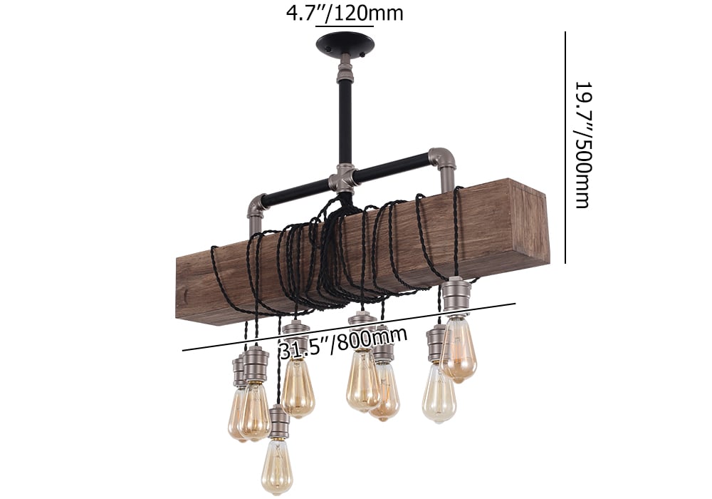 HMR - Industrial Pendant Light with Wood Beam and Plumbing Pipe in 8-Light