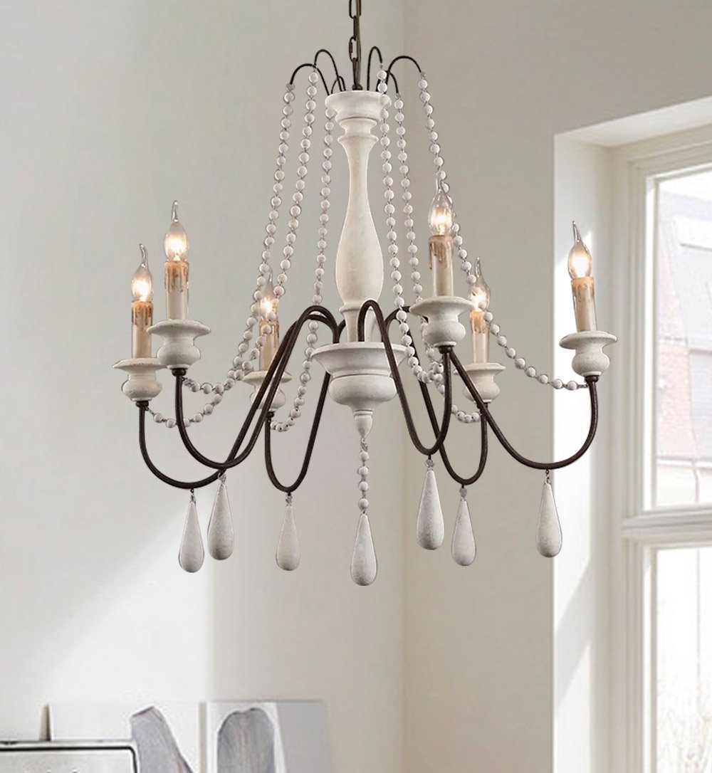 HMR - French Country Candle-Style Wooden Chandelier in 8-Light