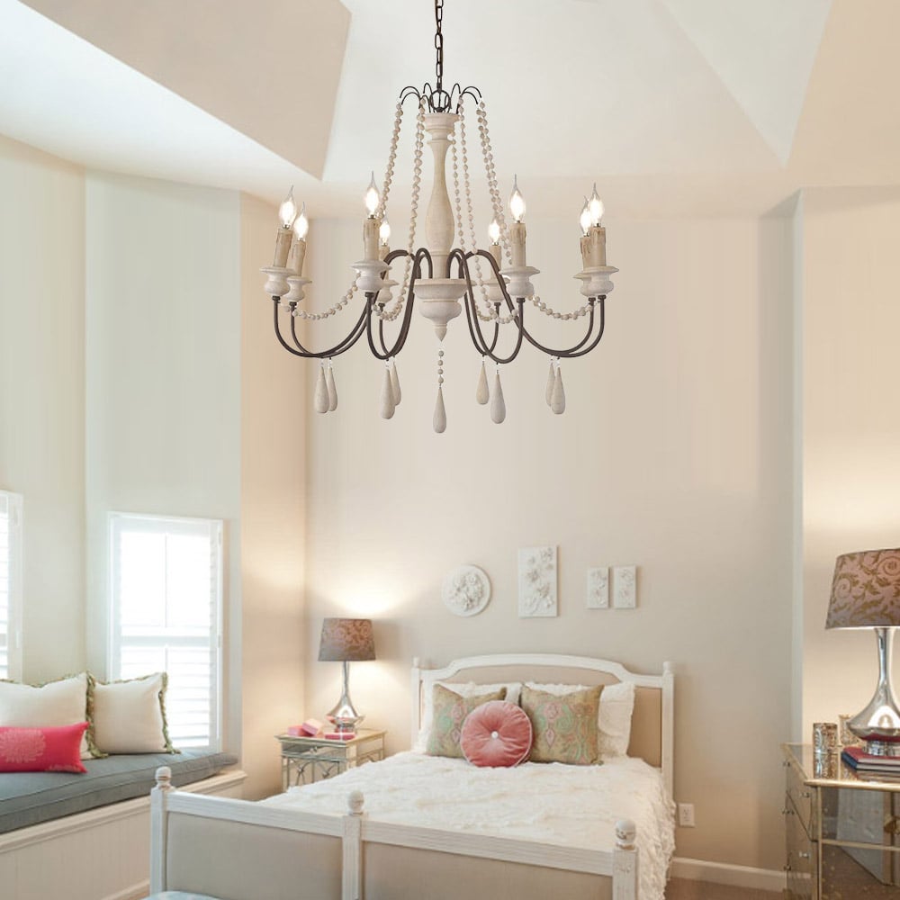 HMR - French Country Candle-Style Wooden Chandelier in 8-Light