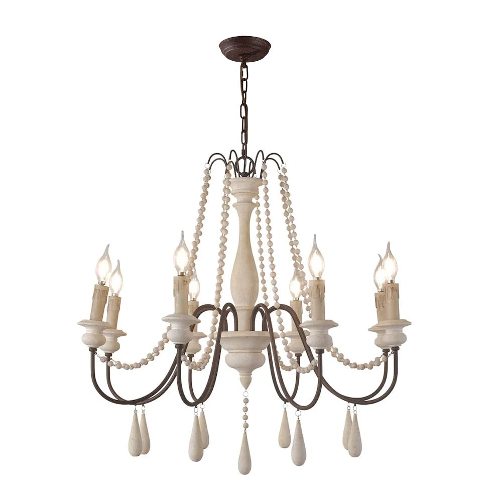HMR - French Country Candle-Style Wooden Chandelier in 8-Light