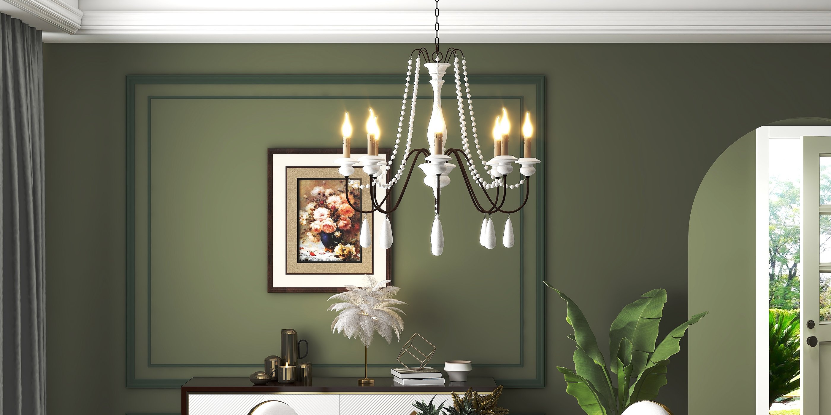 HMR - French Country Candle-Style Wooden Chandelier in 8-Light
